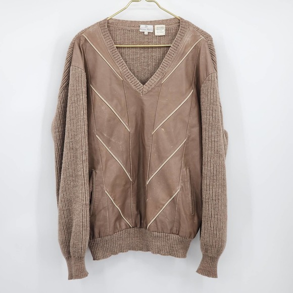 Vintage 80's Neiman Marcus Leather Front Alpaca Sweater Brown Size Large - Picture 1 of 9
